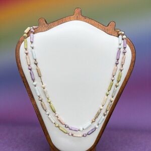 Czech Glass Hand Knotted Speckled Pastel Picasso Bead Necklace Vintage 48” As Is